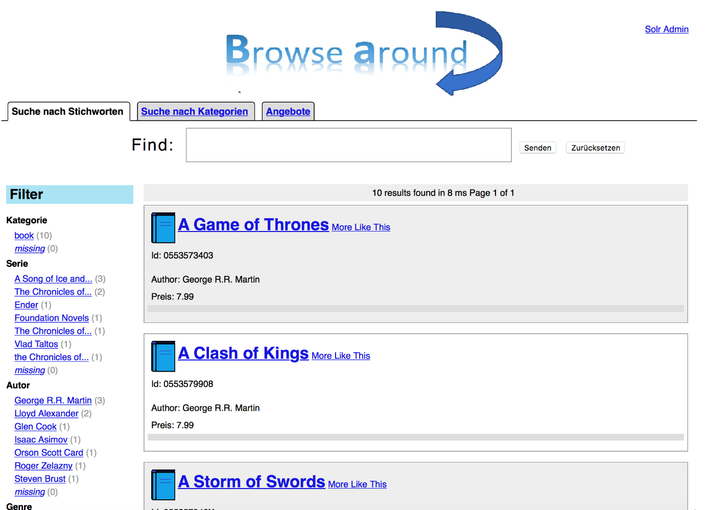 Browse-Oberfläche von Solr Browse-Oberfläche von Solr