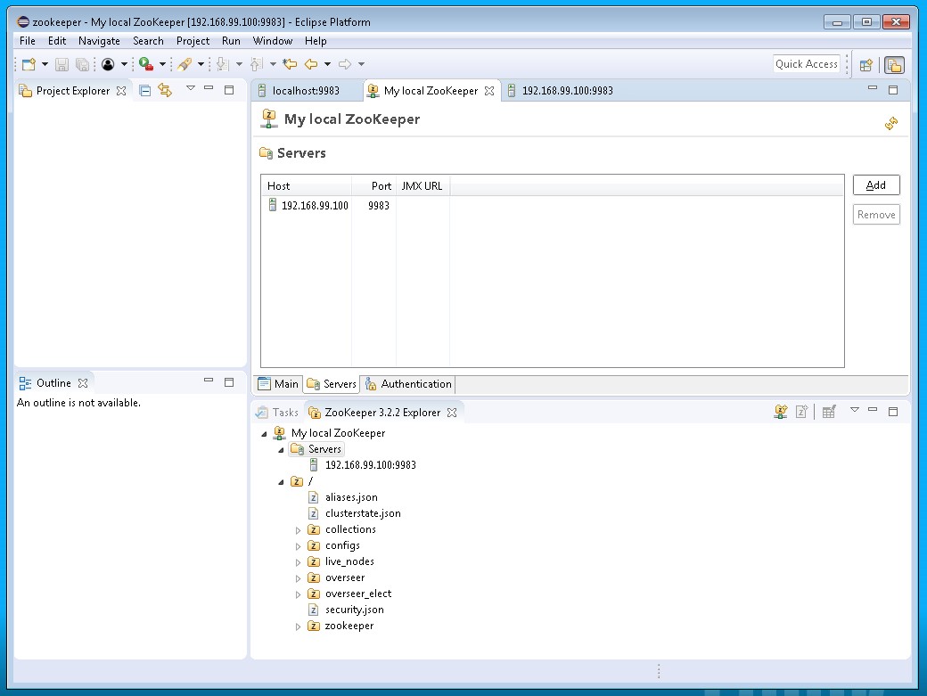 ZooKeeper-Ensemble in Explorer Wenn die Konfiguration erfolgreich war, kann man das Ensemble mit dem vergebenen Namen im Explorer sehen. Die beiden Einträge darunter sind die Liste der Server sowie die Einträge unter dem Root-Path.