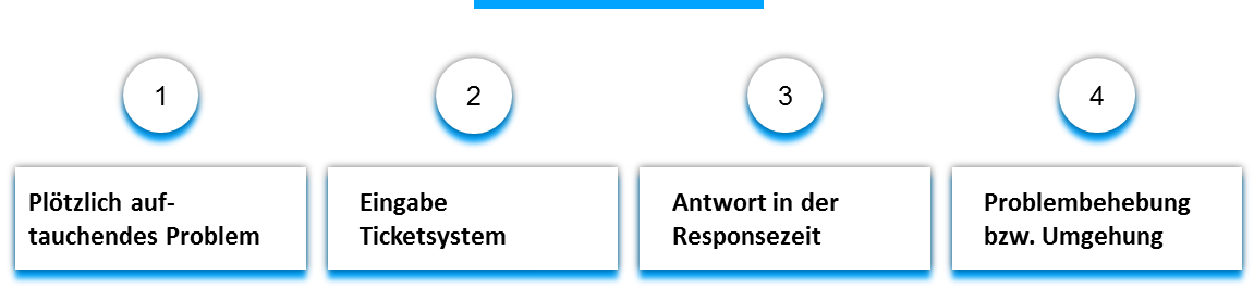 Supportdetails Ablauf der Supportanfrage: plötzlich auftauchendes Problem, Eingabe in das Ticketsystem, Antwort in der Responsezeit, Problembehebung bzw. Umgehung