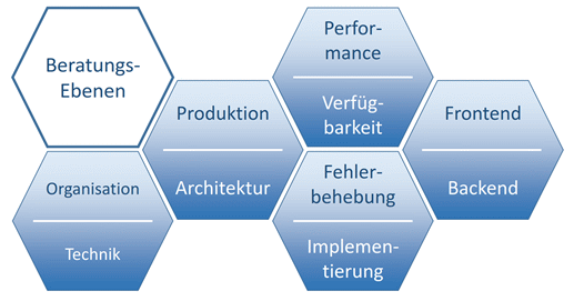 Vorteile der Suche Die Beratungsebenen der SHI: Organisation und Technik, Produktion und Architektur, Performance und Verfügbarkeit, Fehlerbehebung und Implementierung, Frontend und Backend.