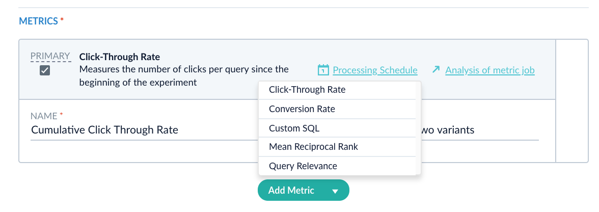 Auswahl der Metrik Folgende Metriken können ausgewählt werden: Click-Through Rate, Conversion Rate, Custom SQL, Mean Reciprocal Rank und Query Relevance.
