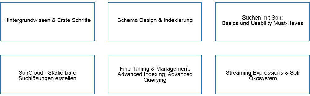 Inhouse Trainings Module Sie können zwischen folgenden inhaltlichen Modulen wählen: Hintergrundwissen & Erste Schritte, Schema Design & Indexierung, Suchen mit Solr: Basics und Usability Must-Haves, SolrCloud - Skalierbare Suchlösungen erstellen, Fine-Tuning & Management, Adavanced Indexing, Advanced Querying und Streaming Expressions & Solr Ökosystem